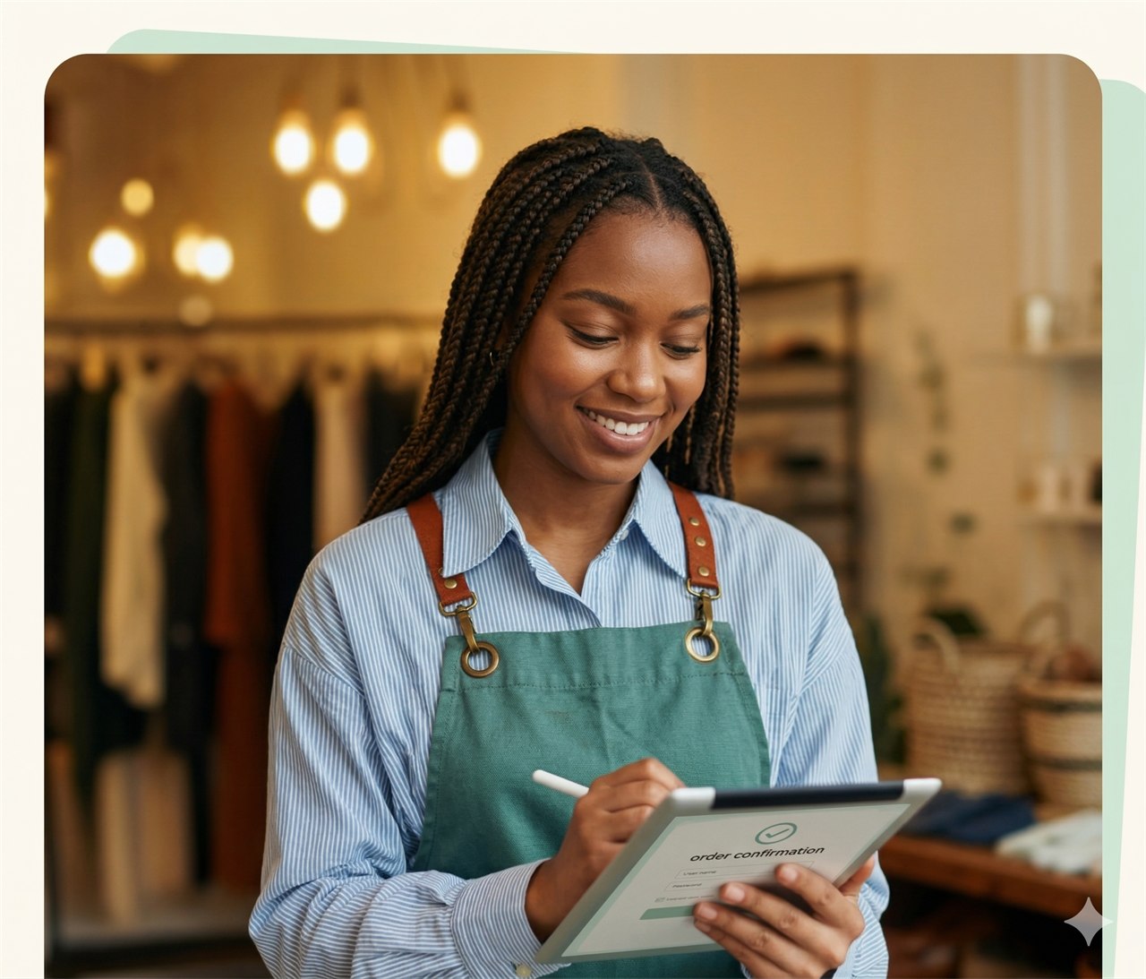 Empreendedora local usando tablet para atender e registrar pedidos na loja.